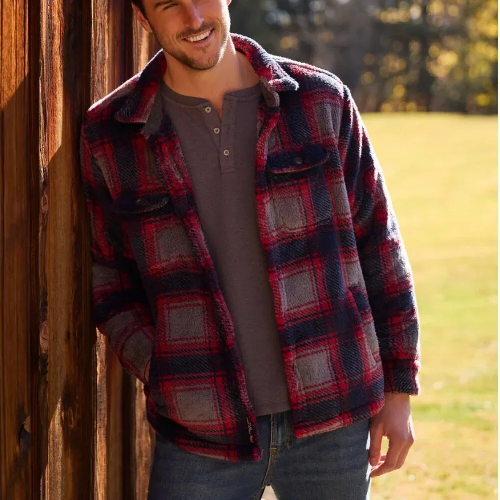 Flag & Anthem Men's XL Red/Navy/Gray Fleece Plaid Button Heavy Flannel Jacket